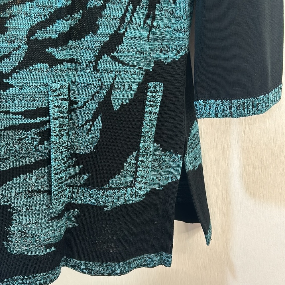 MING WANG OPEN CARDIGAN SWEATER WOMEN Sz SMALL BLACK AQUA FLORAL LONG SLEEVES - Picture 7 of 11